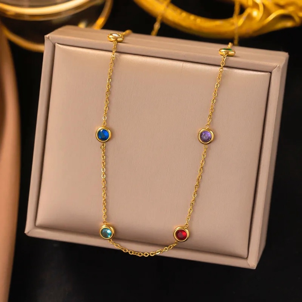 Necklace in Titanium Steel 18K Gold Plating with Zircon Inlays in Colors